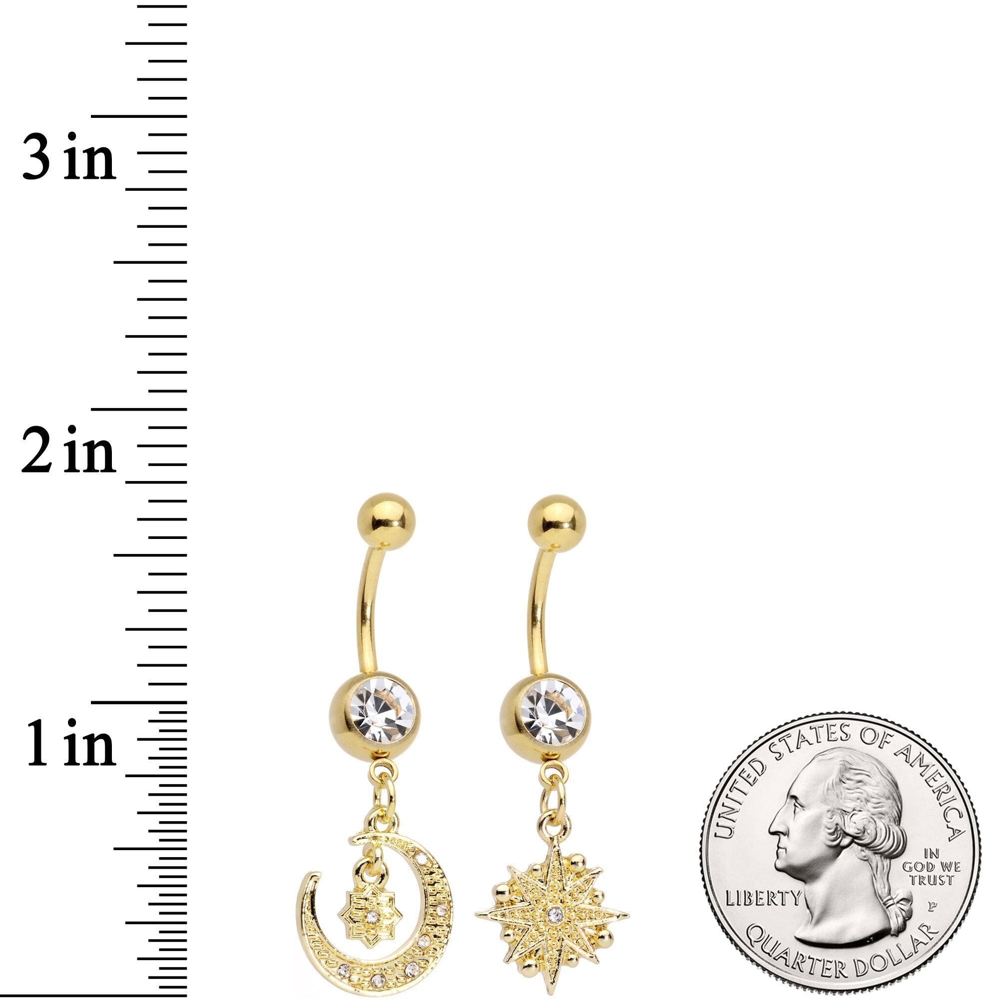 Clear Gem Gold Tone Celestial Star Moon Dangle Belly Ring Set