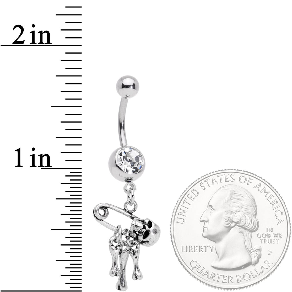 Clear Gem Skull Bones Safety Pin Halloween Dangle Belly Ring