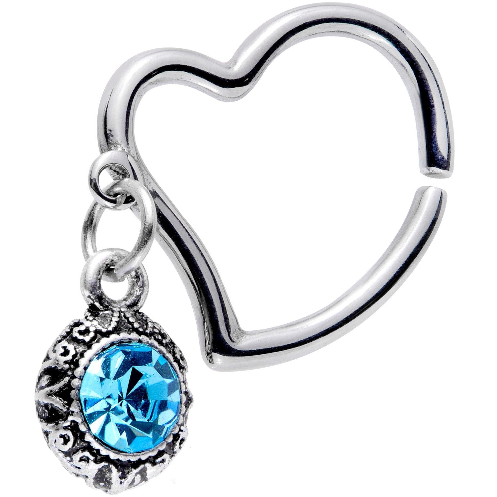 16G 3/8 Aqua Gem Heart Dangle Right Closure Ring