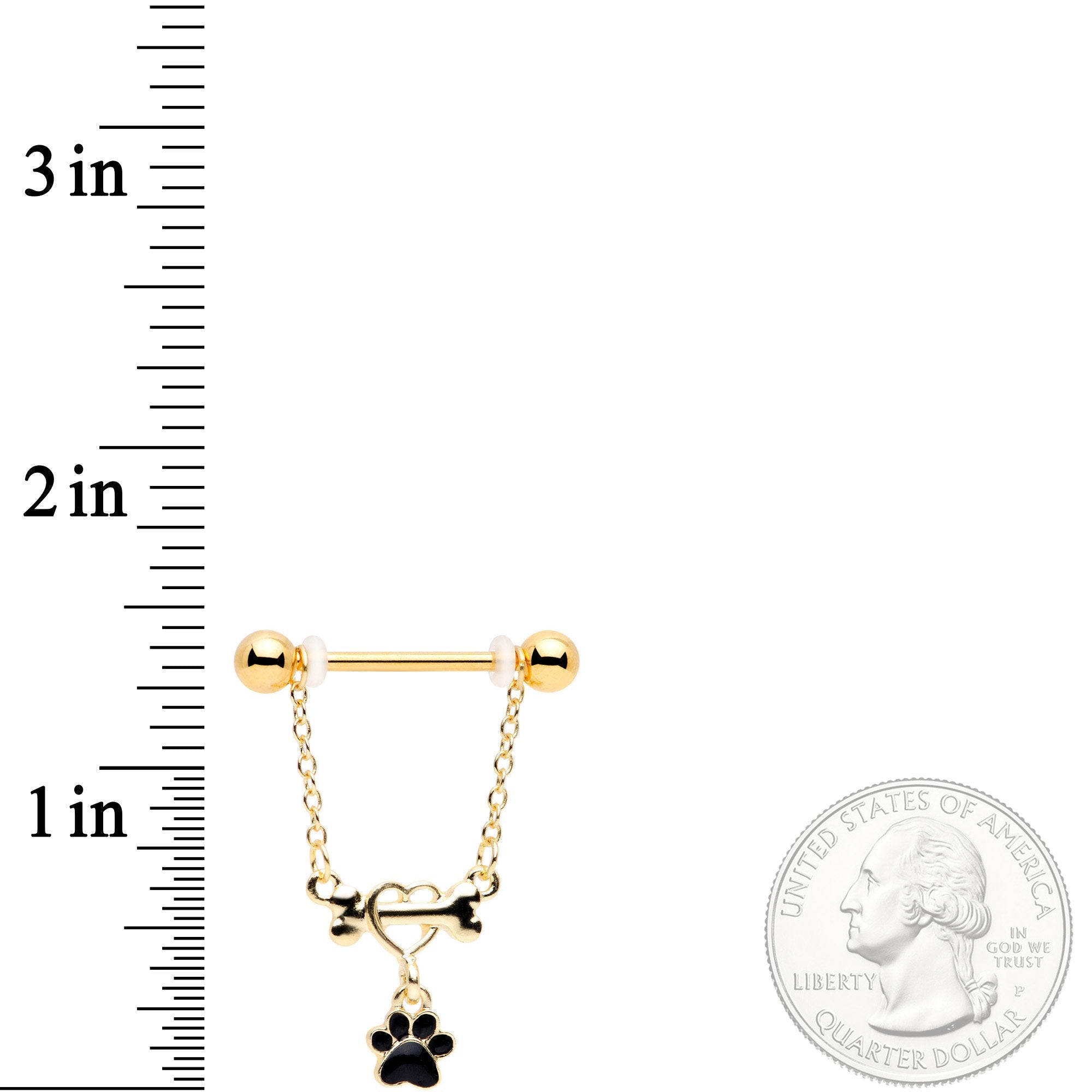 14G Gold Tone Love My Dog Paw Print Dangle Nipple Ring Set