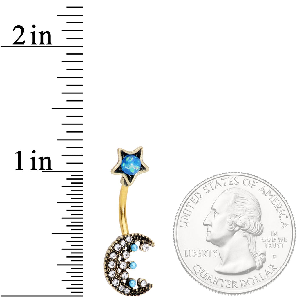 Aqua Faux Opal Gold Tone Orb Crescent Moon Reversible Belly Ring