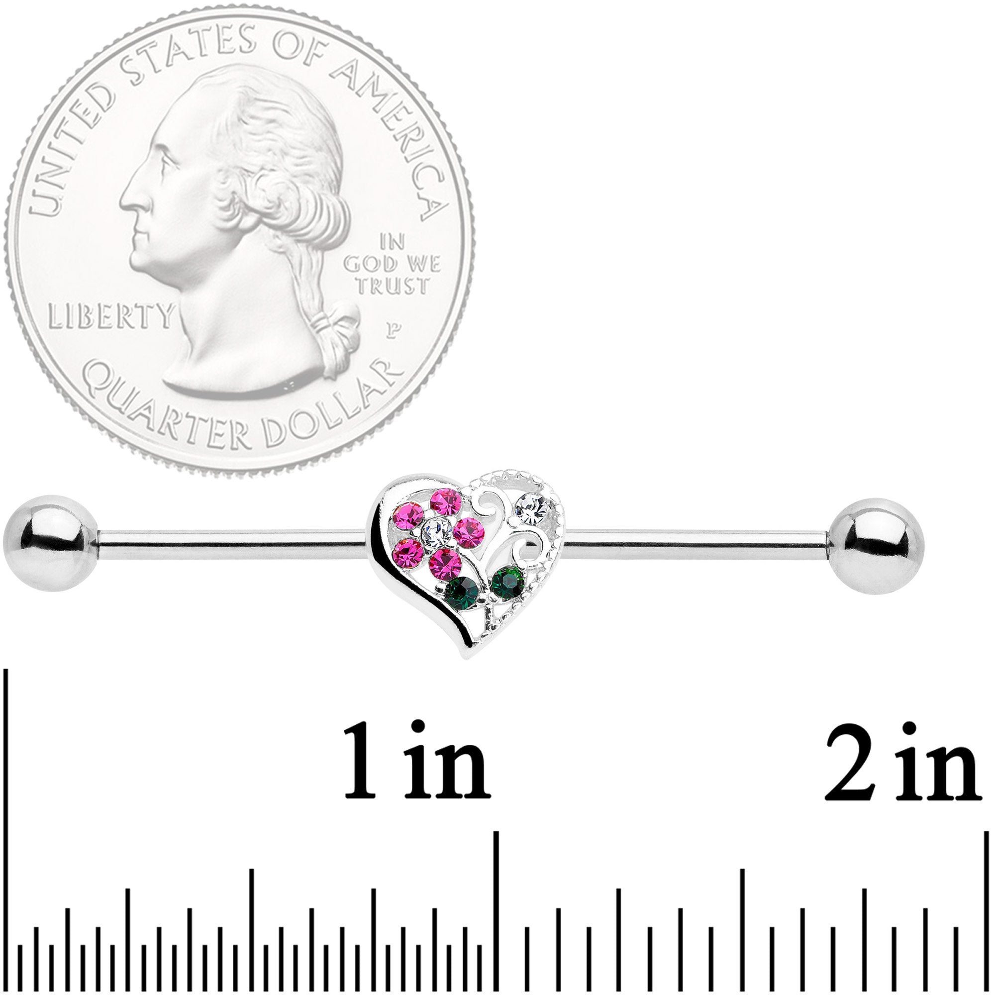 14G Clear Pink Gem Flower Heart Barbell Industrial
