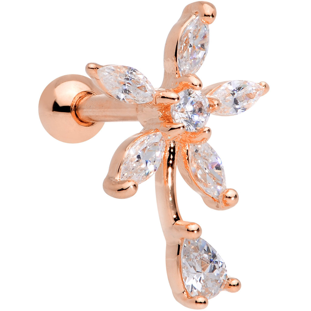 16G 1/4 Clear CZ Gem Rose Gold Tone Flower Cartilage Tragus