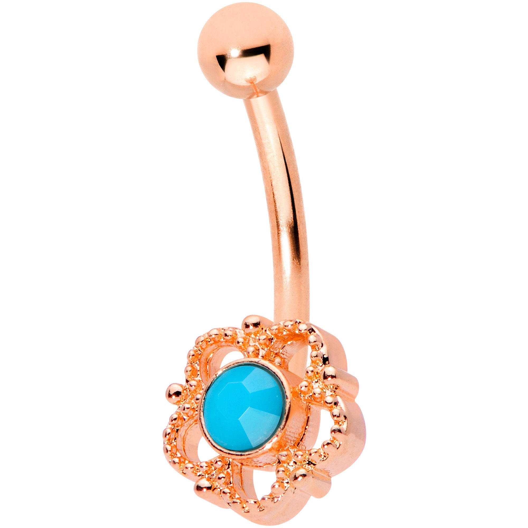 16G 5/16 Faux Turquoise Rose Gold Tone Flower Curved Eyebrow Ring