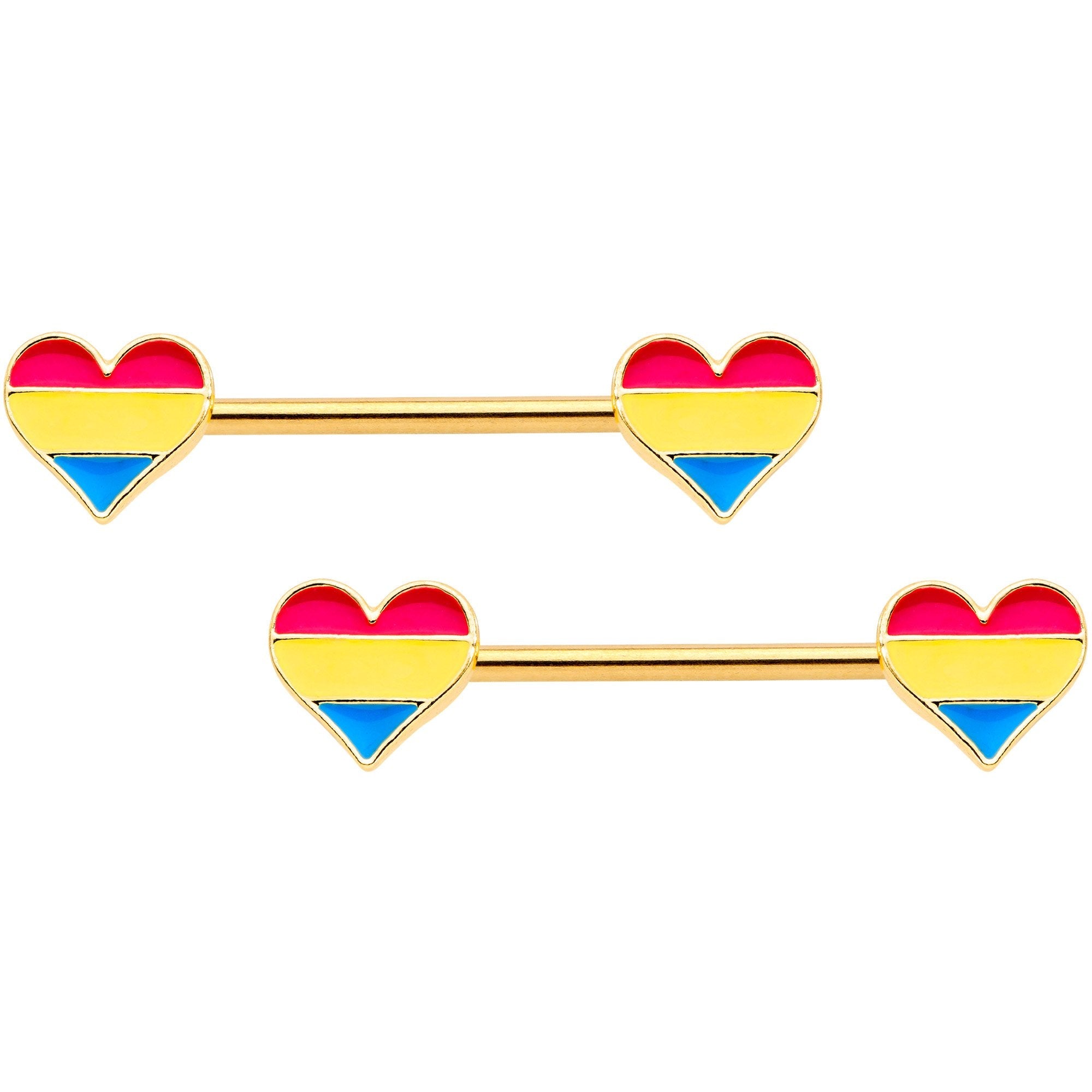 14G Pansexual Pride Gold Tone Heart Barbell Nipple Ring Set