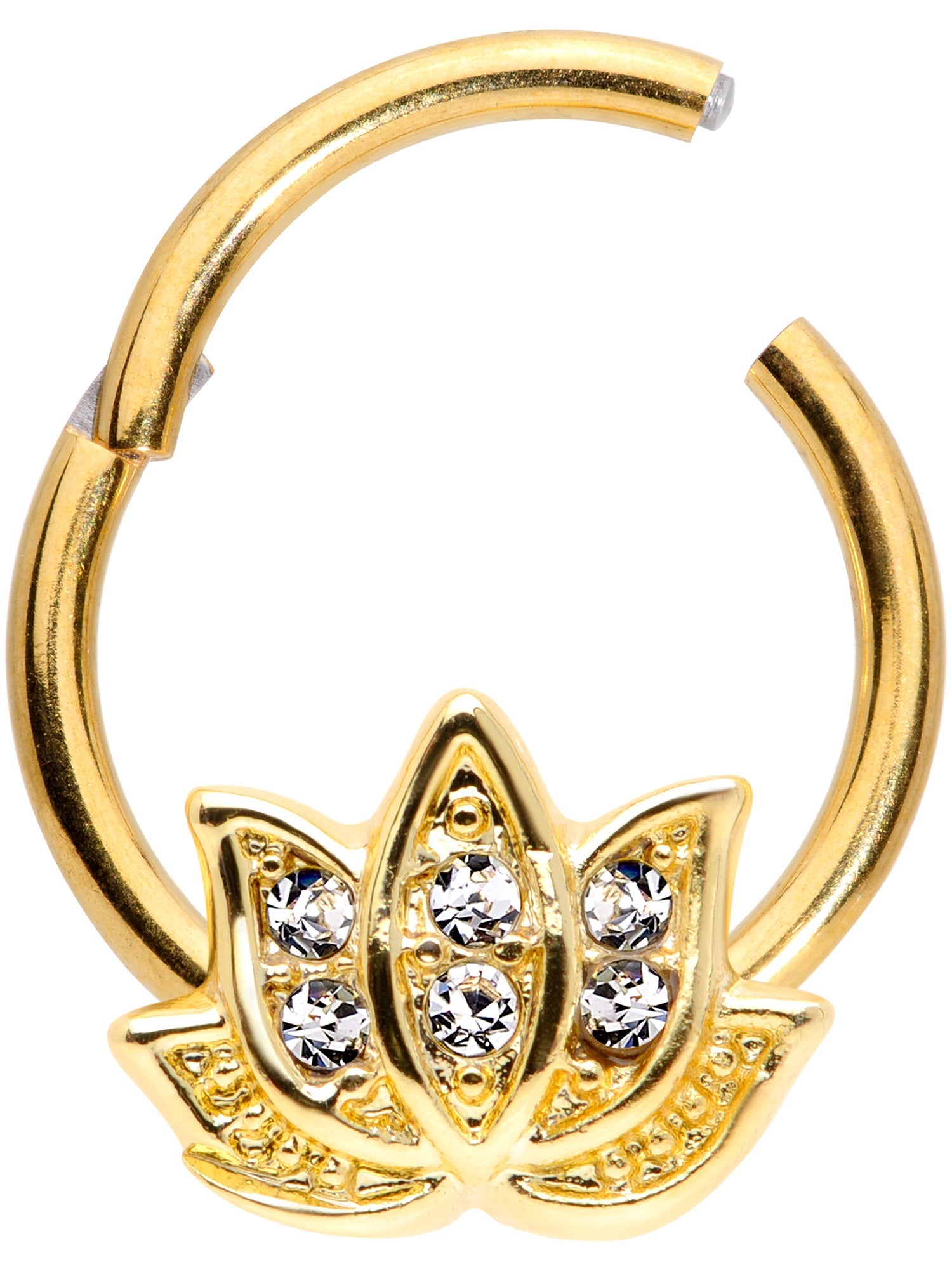 16G 3/8 Clear Gem Gold Tone Lotus Flower Hinged Segment Ring
