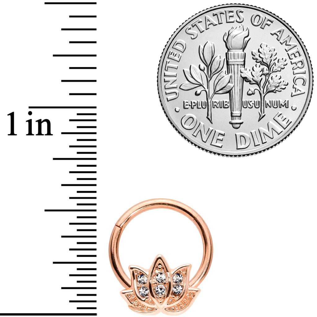 16G 3/8 Clear Gem Rose Gold Tone Lotus Flower Hinged Segment Ring