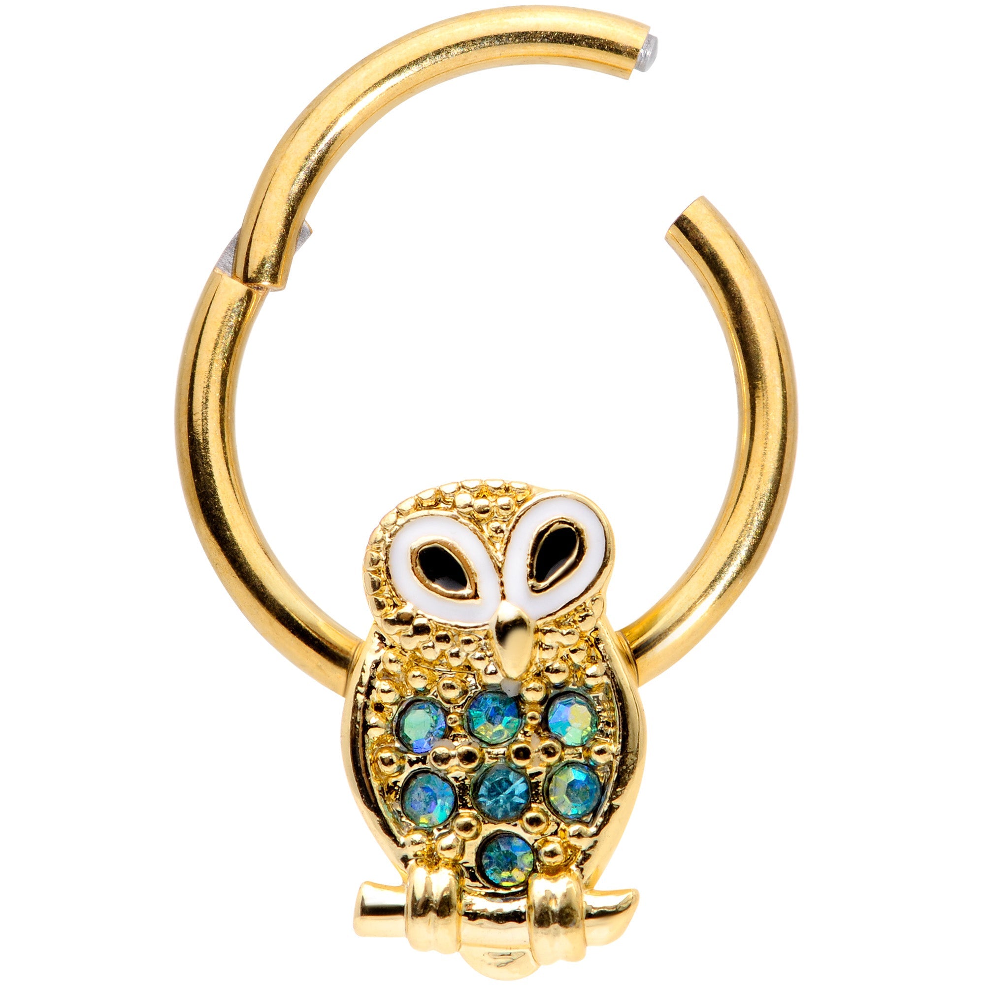 16G 3/8 Aqua Gem Gold Tone Barn Owl Hinged Segment Ring