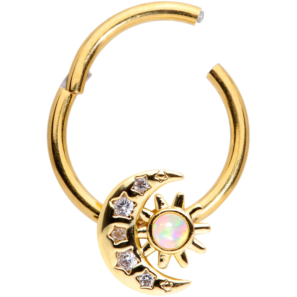 16G 3/8 White Synthetic Opal Gold Tone Moon Hinged Segment Ring