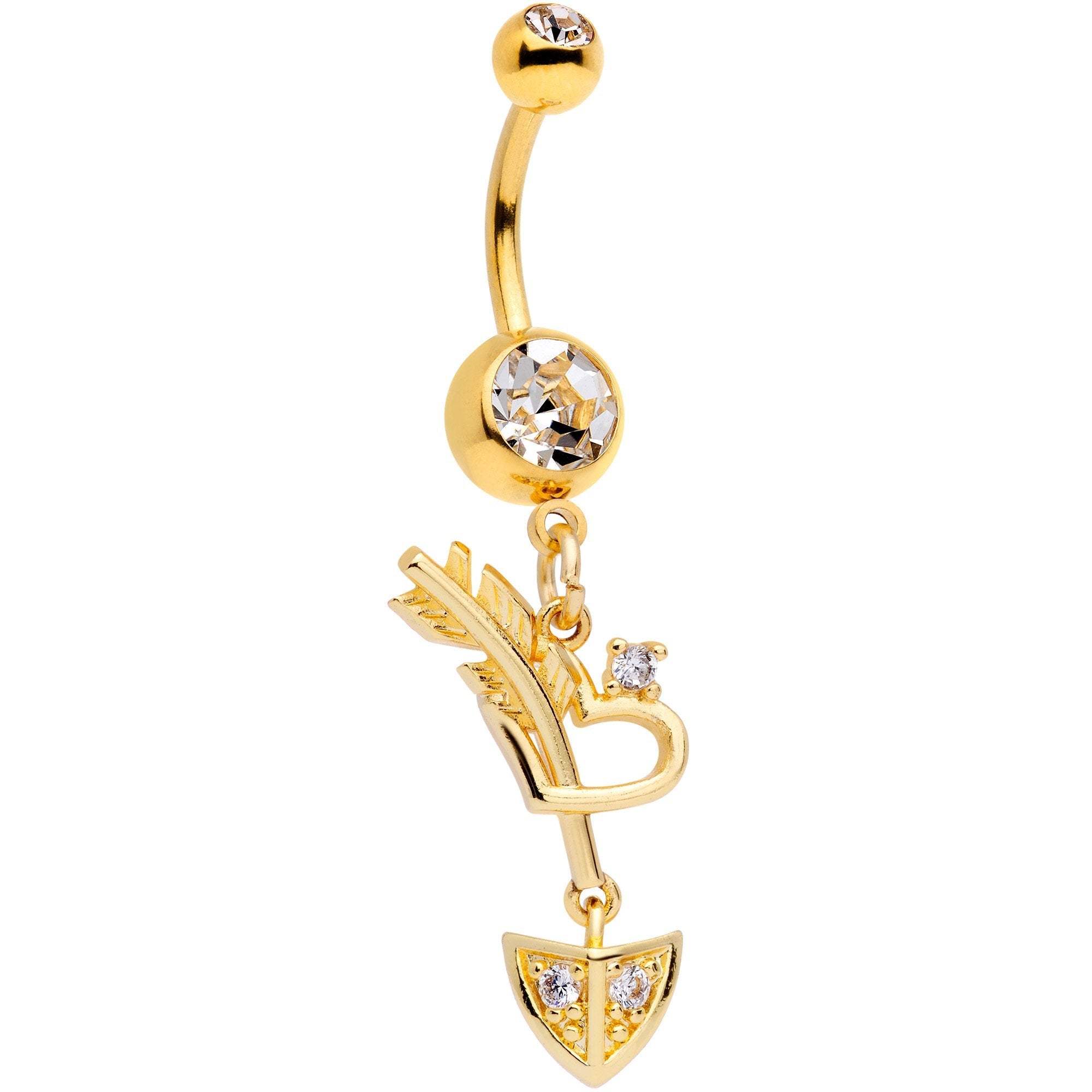 Clear CZ Gem Gold Tone Open Heart Arrow Dangle Belly Ring