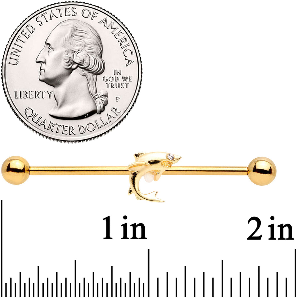14G Clear Gem Gold Tone Toothy Shark Industrial Barbell 38mm