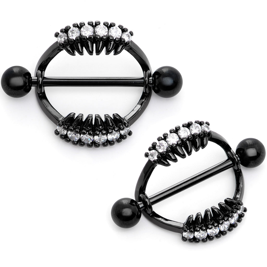 14G 9/16 Clear CZ Gem Black Scary Fang Halloween Nipple Shield Set