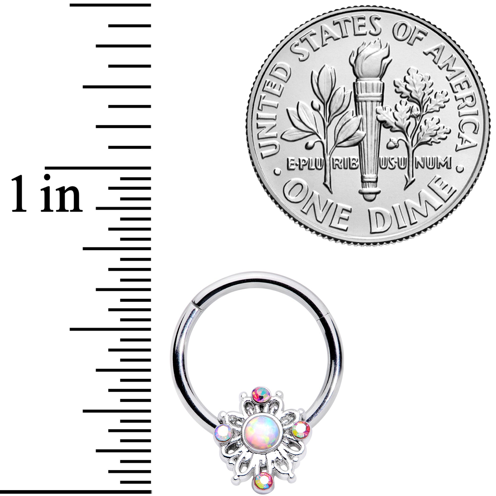 16G 3/8 White Synthetic Opal Aurora Gem Crest Hinged Segment Ring