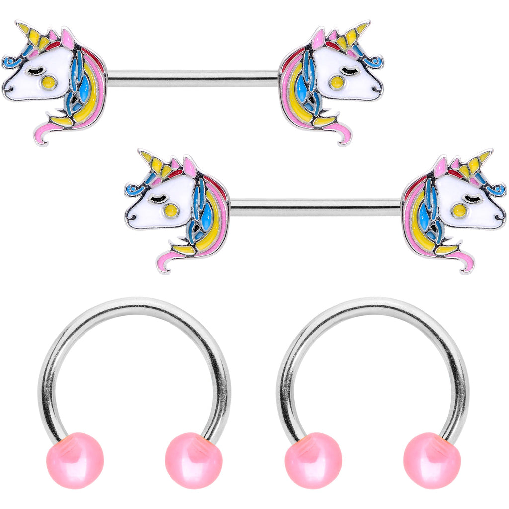 14G Pastel Unicorn UV Horseshoe Barbell Nipple Ring Set of 4