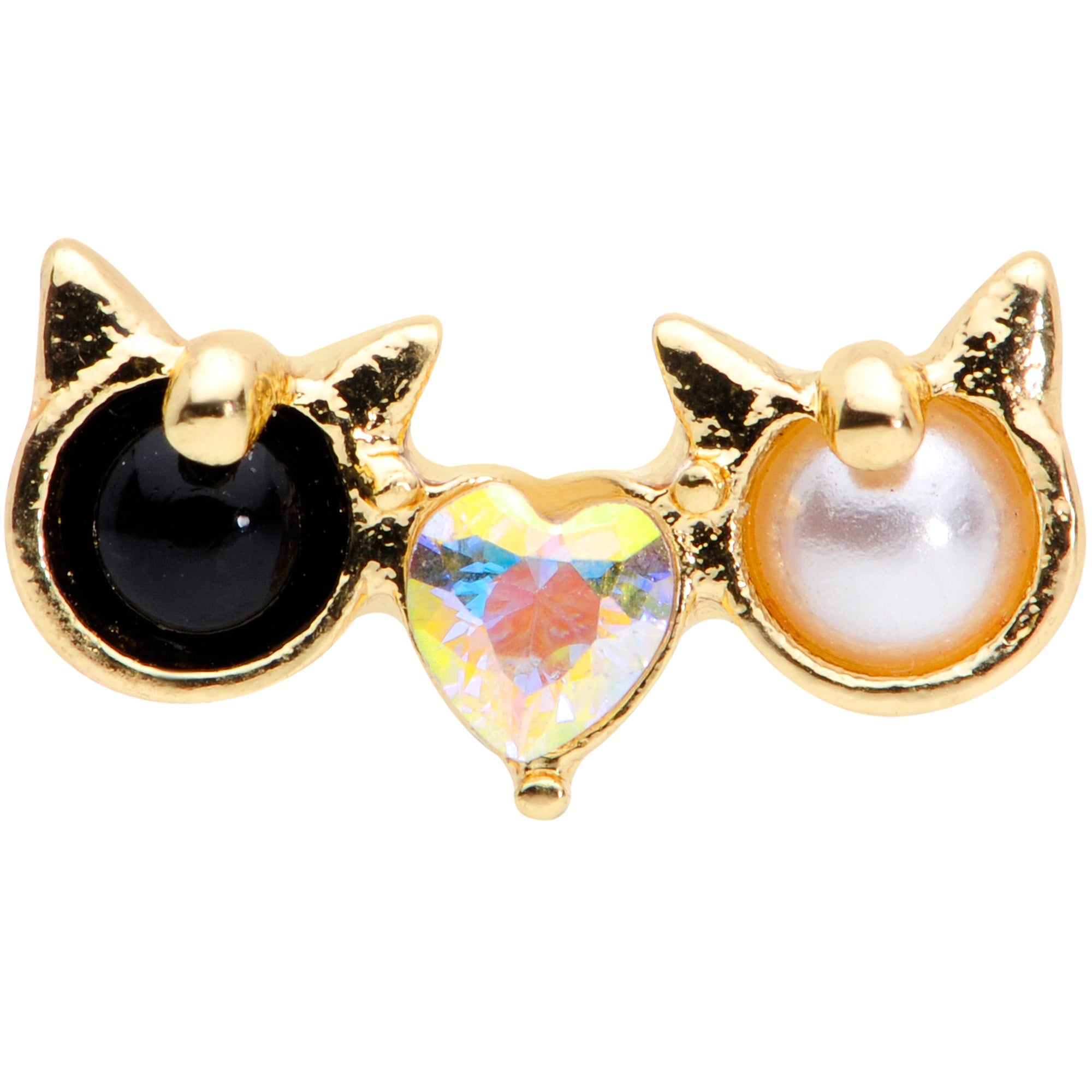 16G 1/4 Black White CZ Gem Gold Tone Kitty Cat Luv Cartilage Tragus