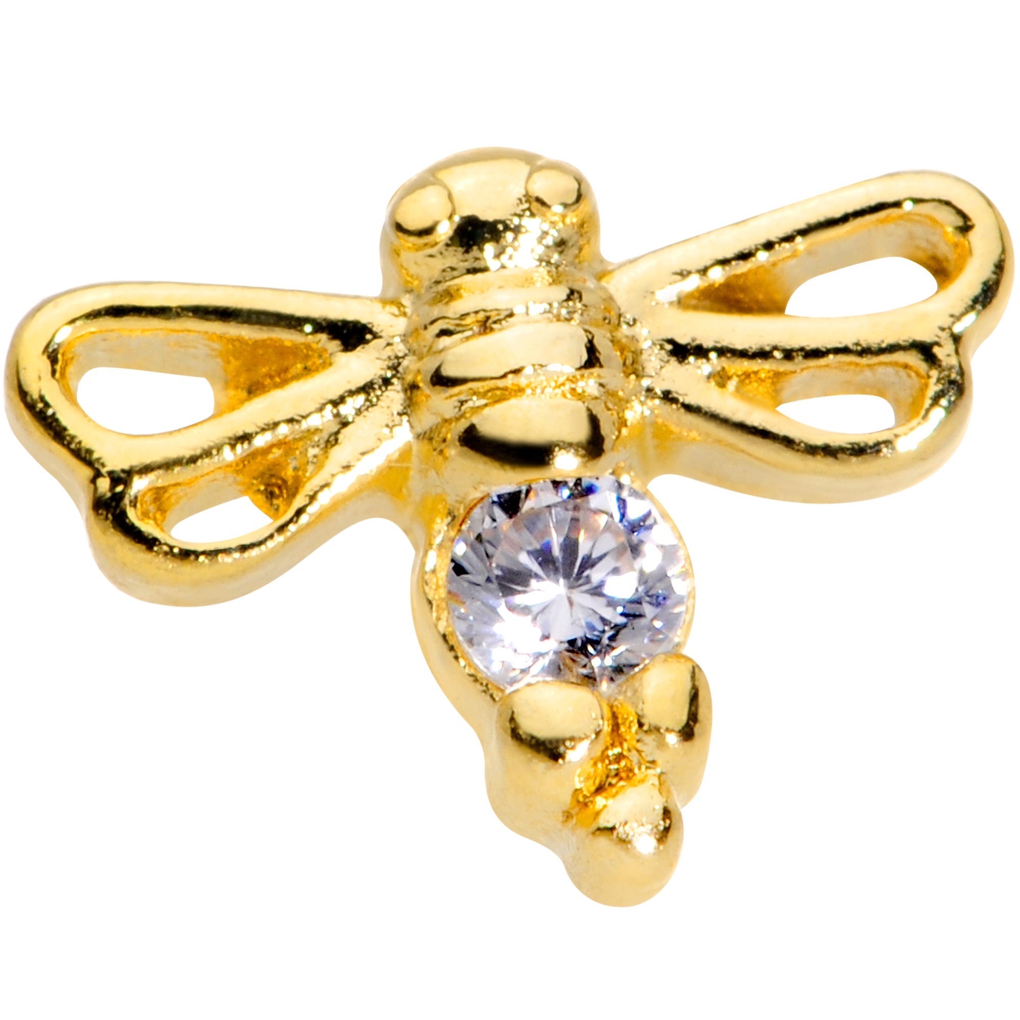 18G 7mm Clear CZ Gem Gold Tone Dragonfly L Shaped Nose Ring