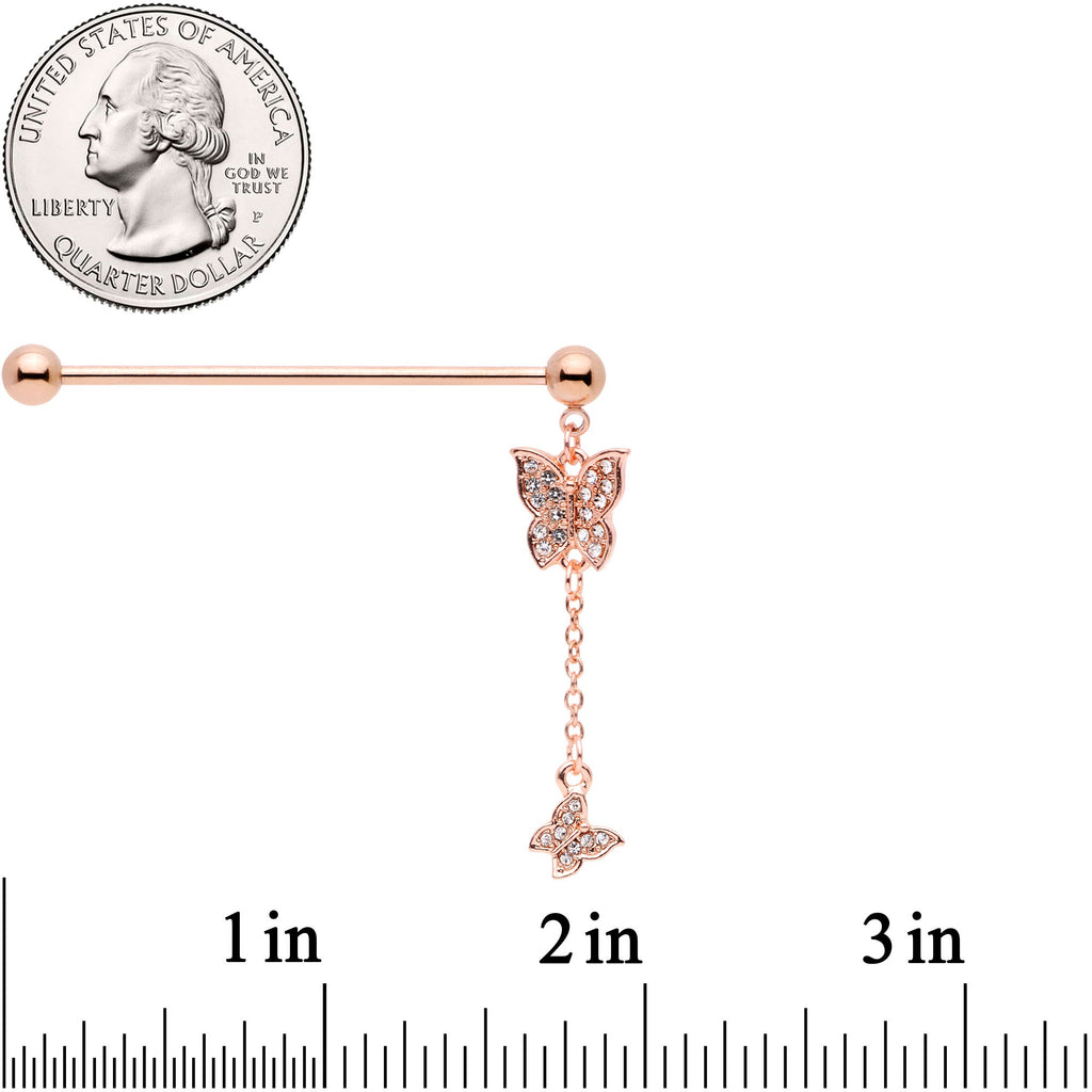 14G Clear Gem Rose Gold Tone Butterfly Dangle Industrial Barbell