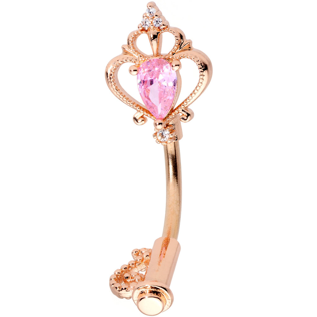 Pink CZ Gem Rose Gold Tone Princess Key Belly Ring
