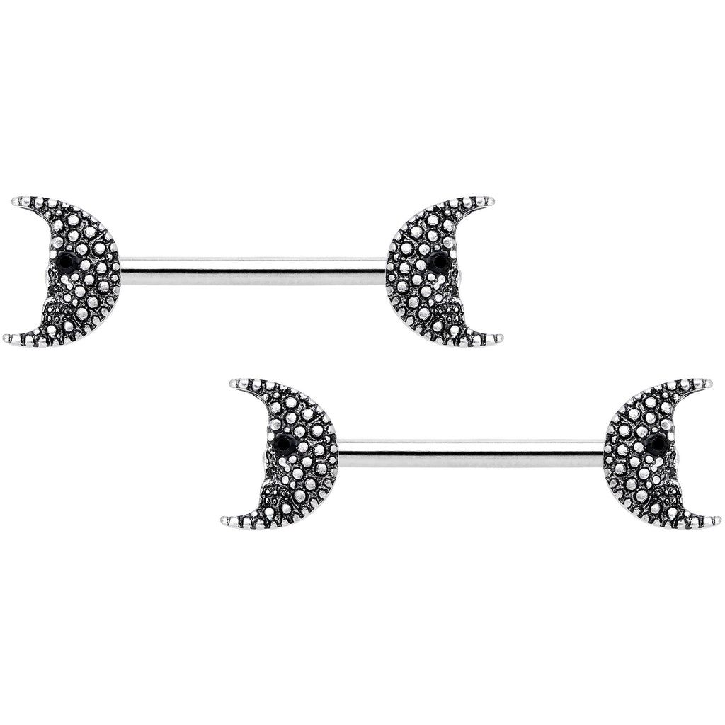 14G 9/16 Black Gem Skull Crescent Moon Barbell Nipple Ring Set