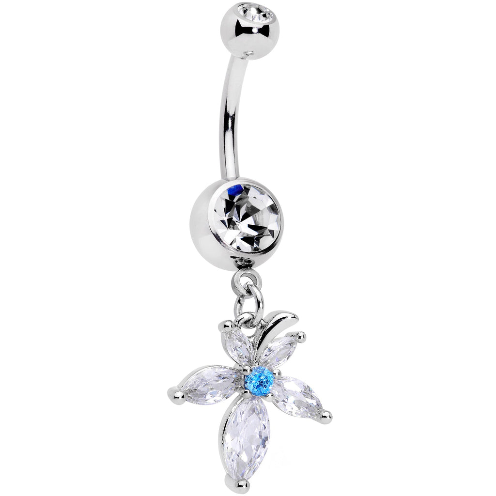 Clear Blue CZ Gem Flower Dangle Belly Ring
