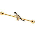 14G Clear Black Gem Gold Tone Dinosaur Industrial Barbell 38mm