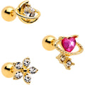 16G 1/4 Clear CZ Gem Gold Tone Moon Cartilage Tragus Set of 3