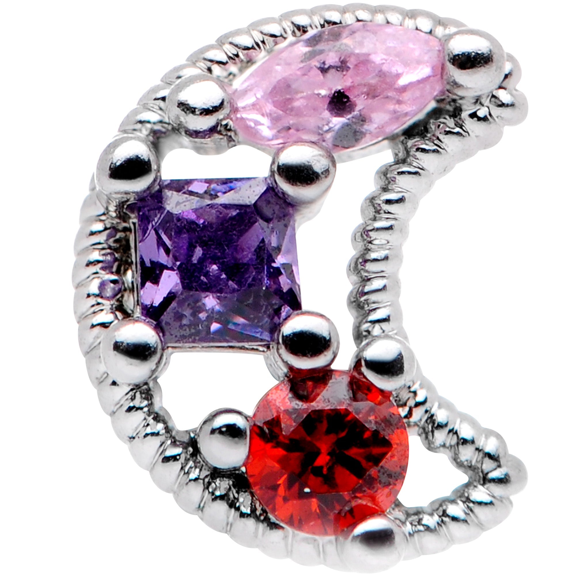 16G 1/4 Red Pink Blue CZ Gem Crescent Moon Cartilage Tragus Earring