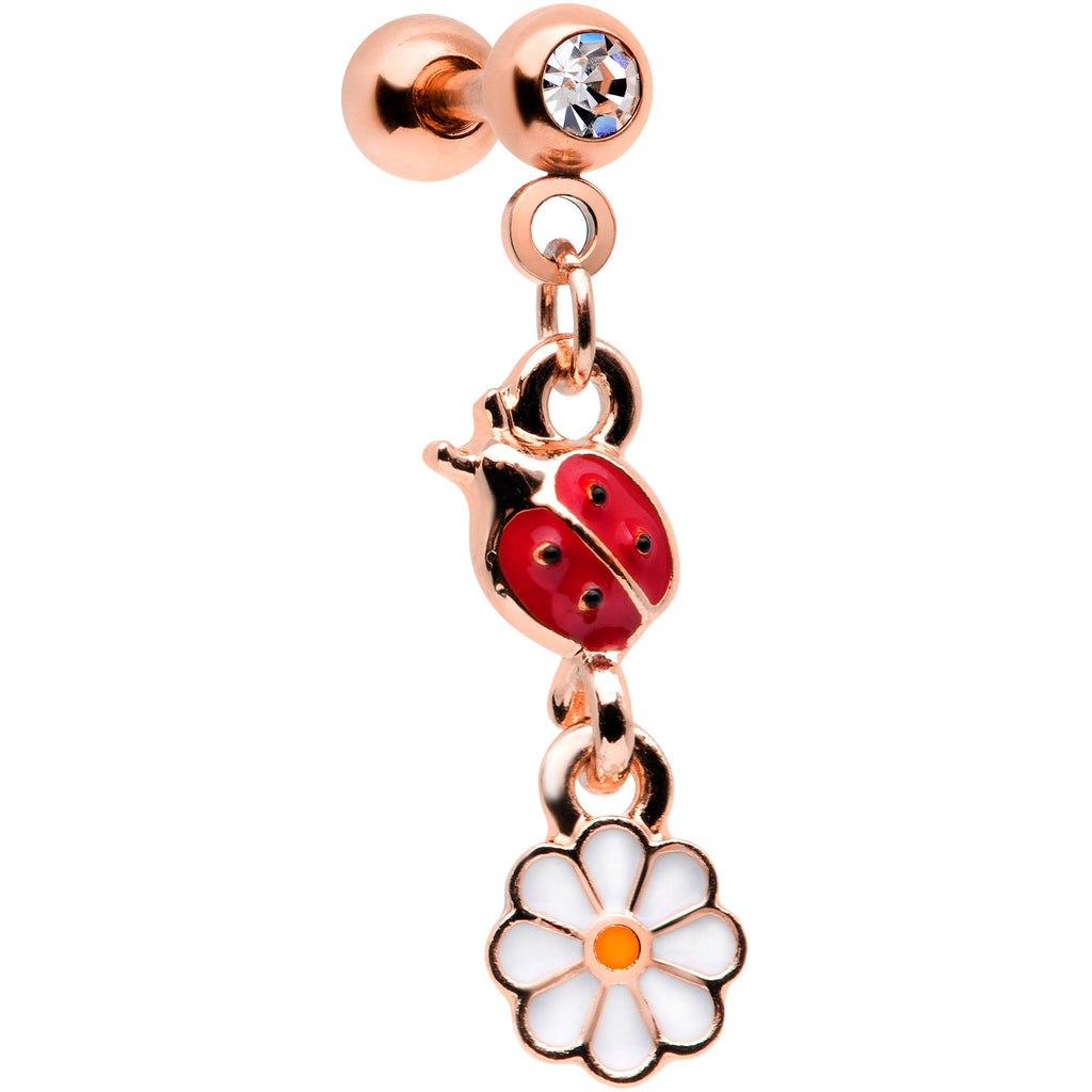 16G 1/4 Clear Gem Rose Gold Tone Ladybug Dangle Cartilage Tragus