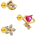 16G 5/16 Clear CZ Gem Gold Tone Moon Labret Tragus Set of 3