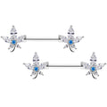 14G 9/16 Clear Blue CZ Gem Marijuana Leaf Barbell Nipple Ring Set