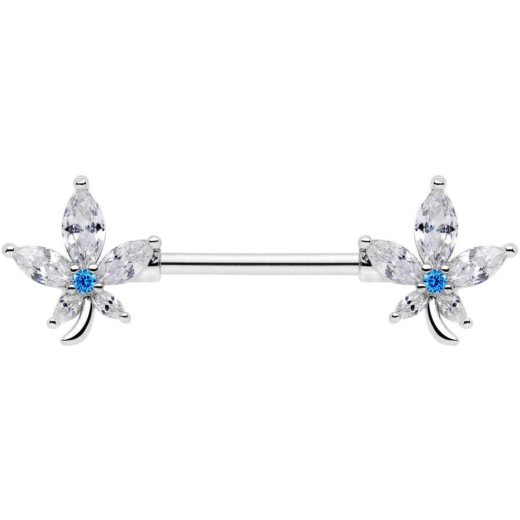 14G 9/16 Clear Blue CZ Gem Marijuana Leaf Barbell Nipple Ring Set