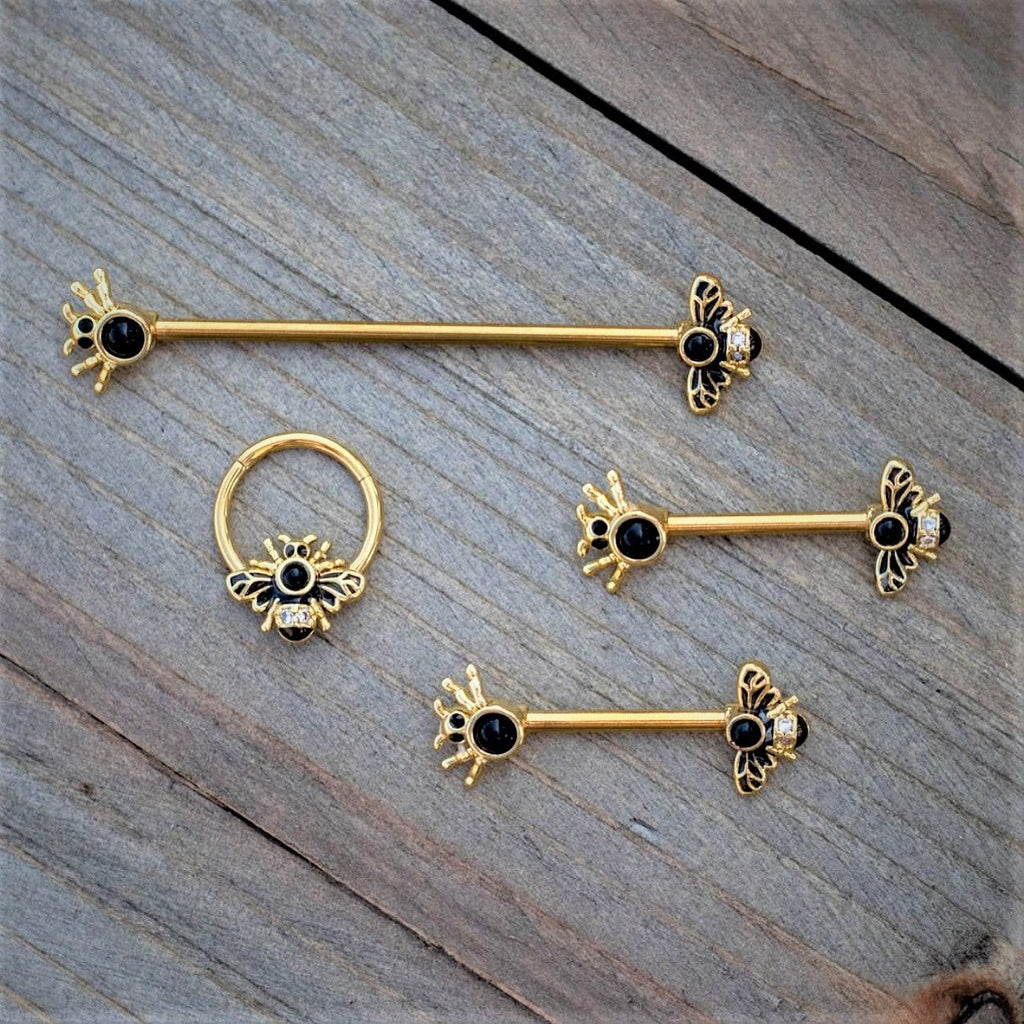 14G Clear Black Gem Gold Tone Bug Out Bee Insect Industrial Barbell 38mm