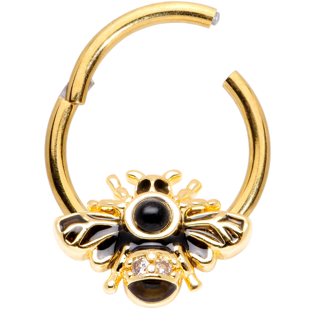 16G 3/8 Clear Gem Gold Tone Insect Bee Hinged Segment Ring