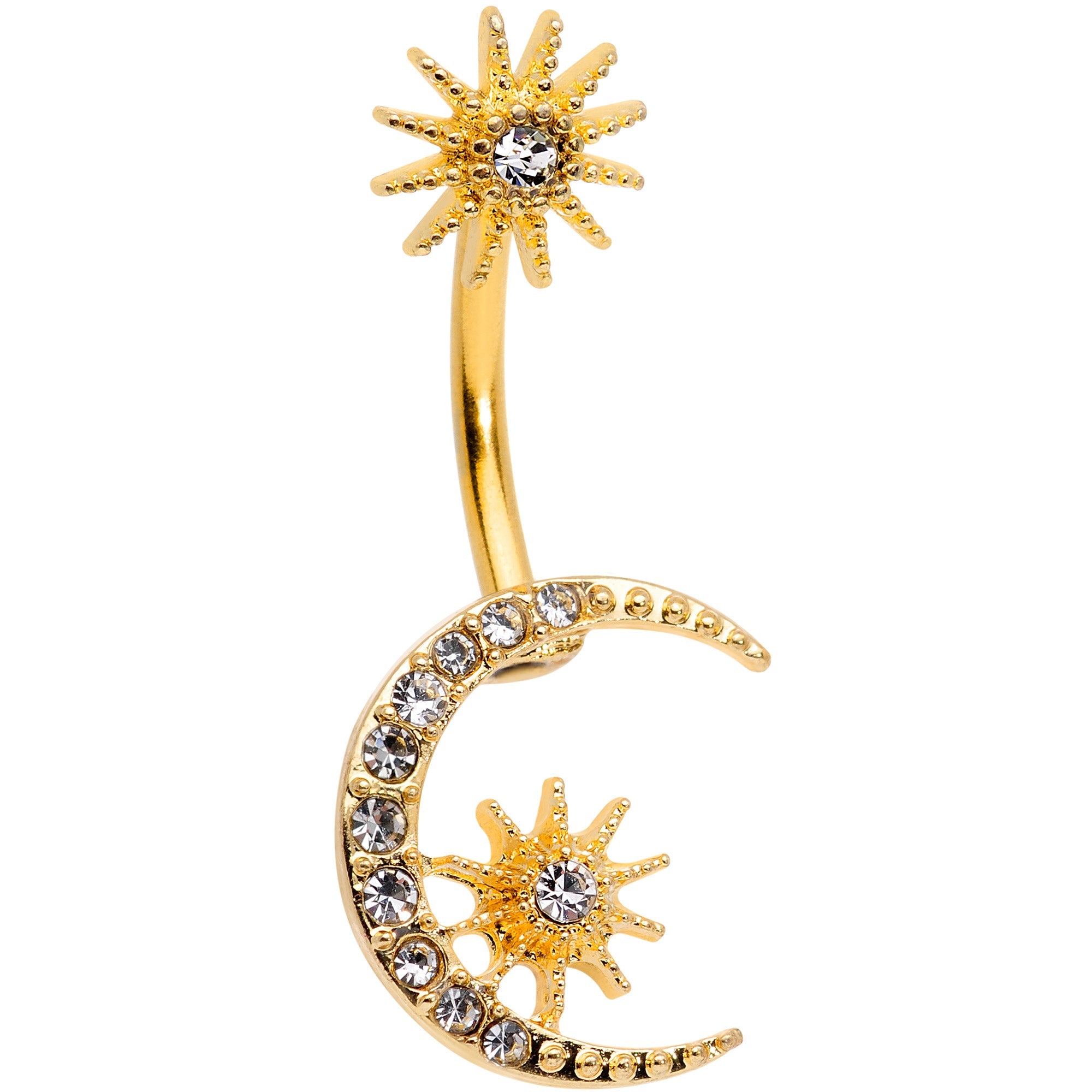 Clear Gem Gold Tone Crescent Moon Stars Double Mount Belly Ring