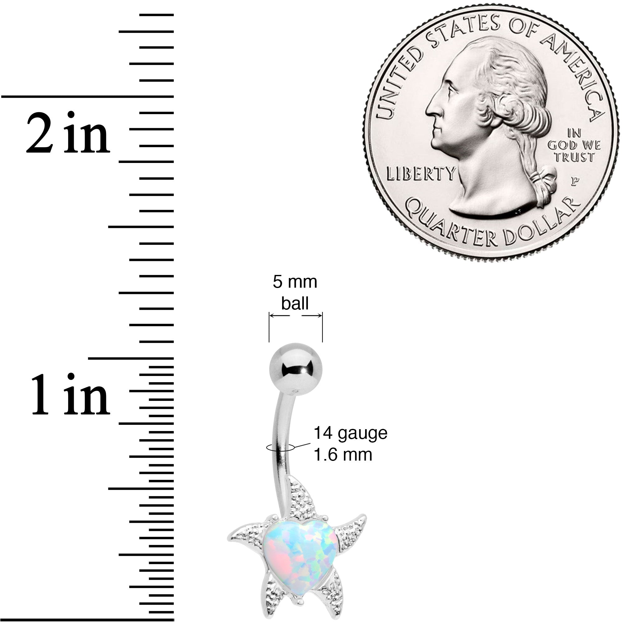 White Synthetic Opal Heart Starfish Nautical Belly Ring