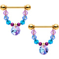 14G 5/8 Blue Purple Gem Gold Tone Disc Nipple Ring Set