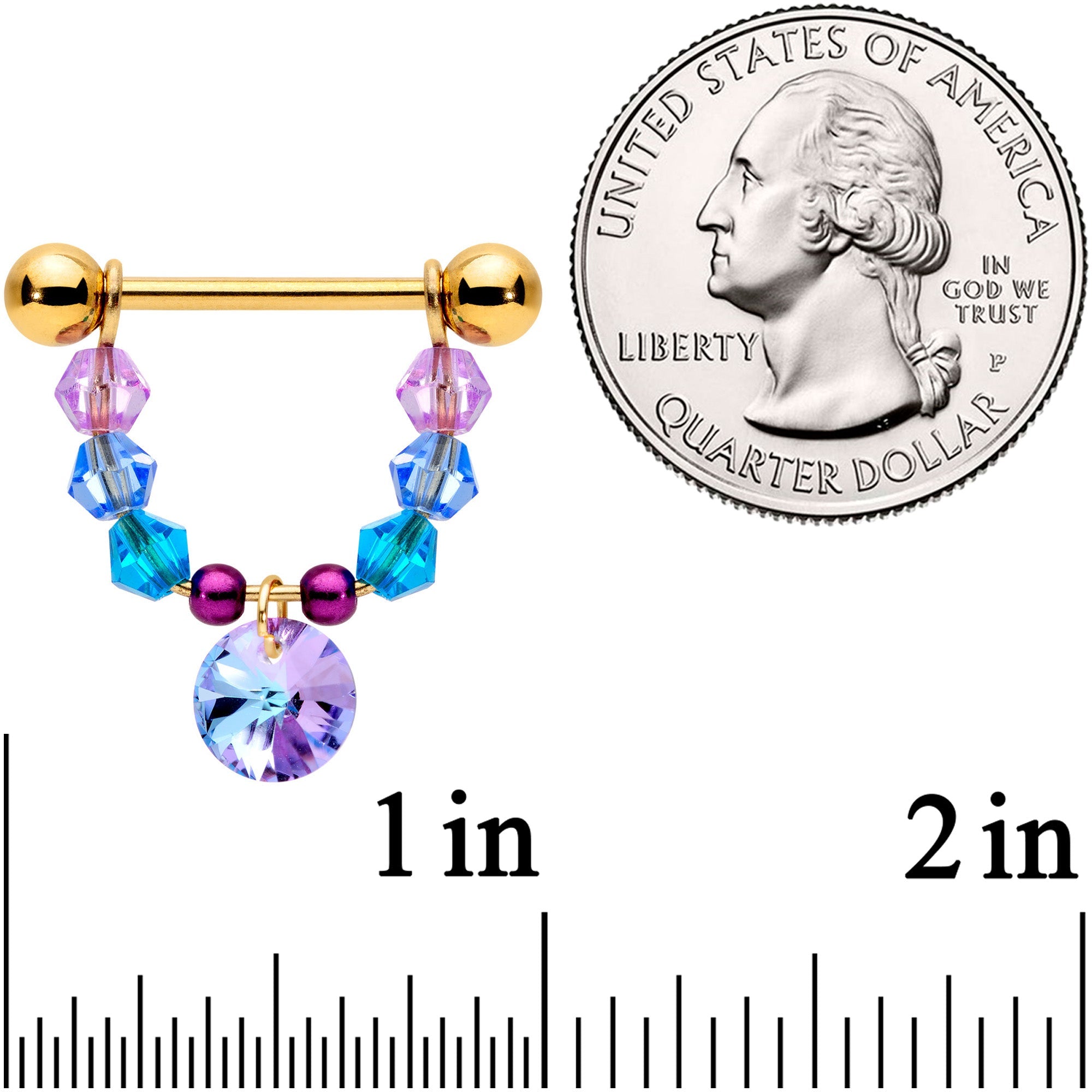 14G 5/8 Blue Purple Gem Gold Tone Disc Nipple Ring Set