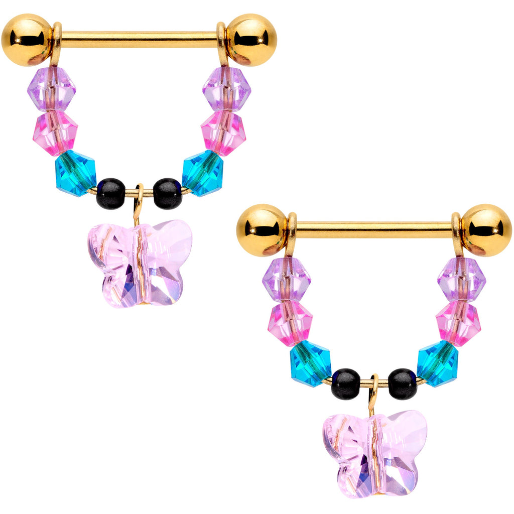 14G 5/8 Pink Blue Gem Gold Tone Butterfly Dangle Barbell Nipple Ring Set