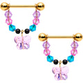 14G 5/8 Pink Blue Gem Gold Tone Butterfly Dangle Barbell Nipple Ring Set