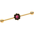 14G Pink Gem Gold Tone Flower Industrial Barbell 38mm