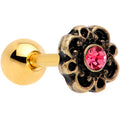16G 1/4 Pink Gem Gold Tone Flower Emblem Tragus Cartilage Earring