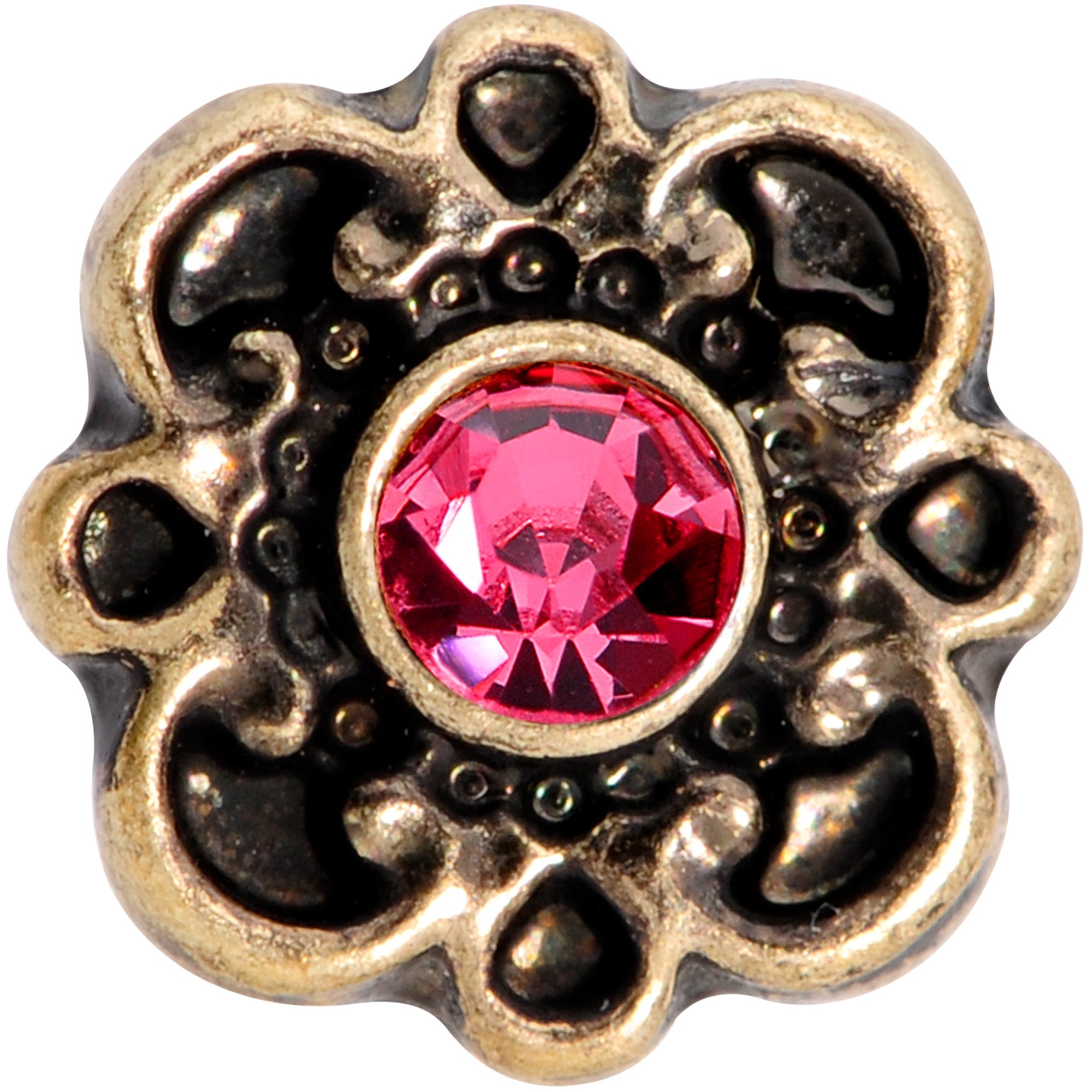 16G 1/4 Pink Gem Gold Tone Flower Emblem Tragus Cartilage Earring