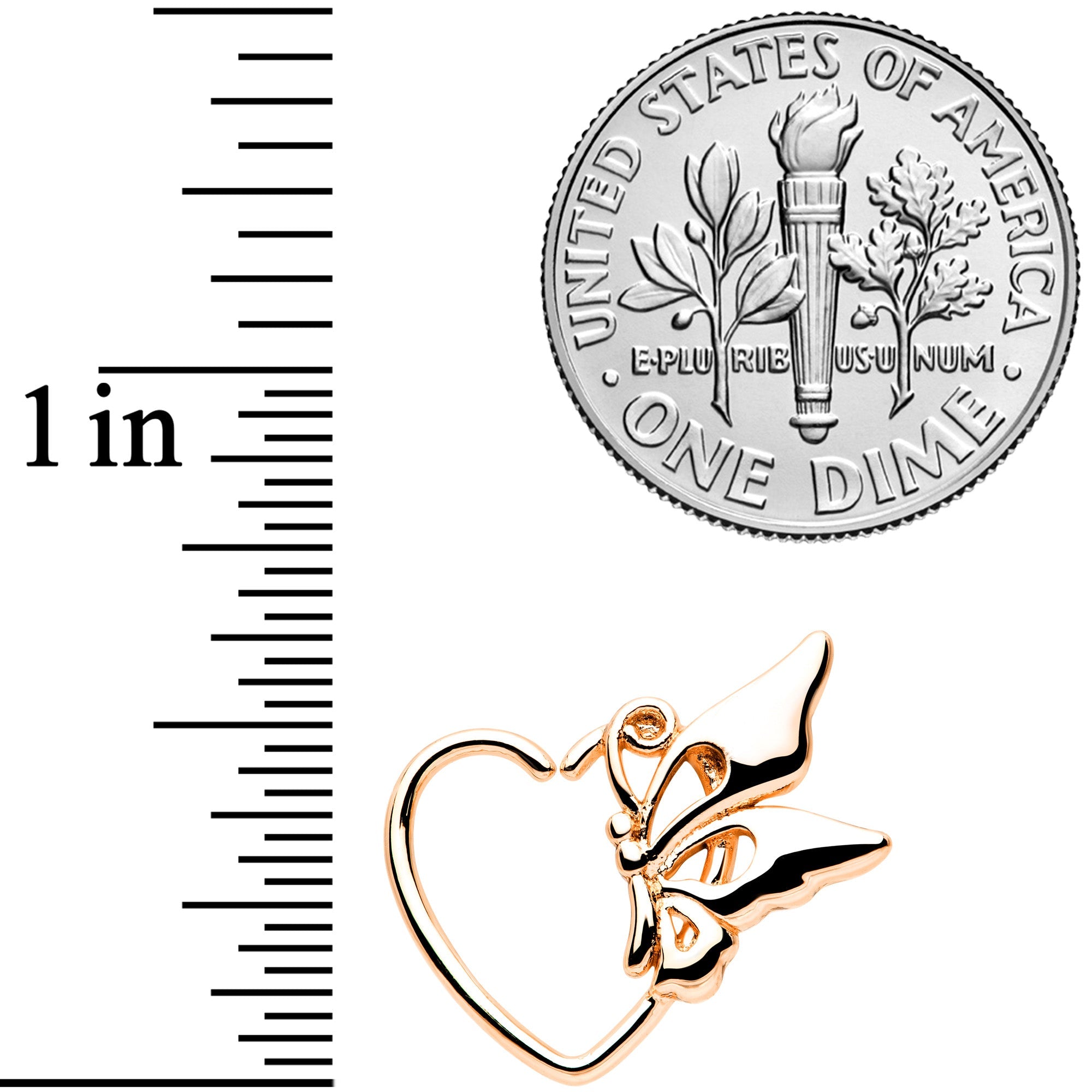 18G 3/8 Rose Gold Tone Butterfly Heart Left Ear Closure Ring