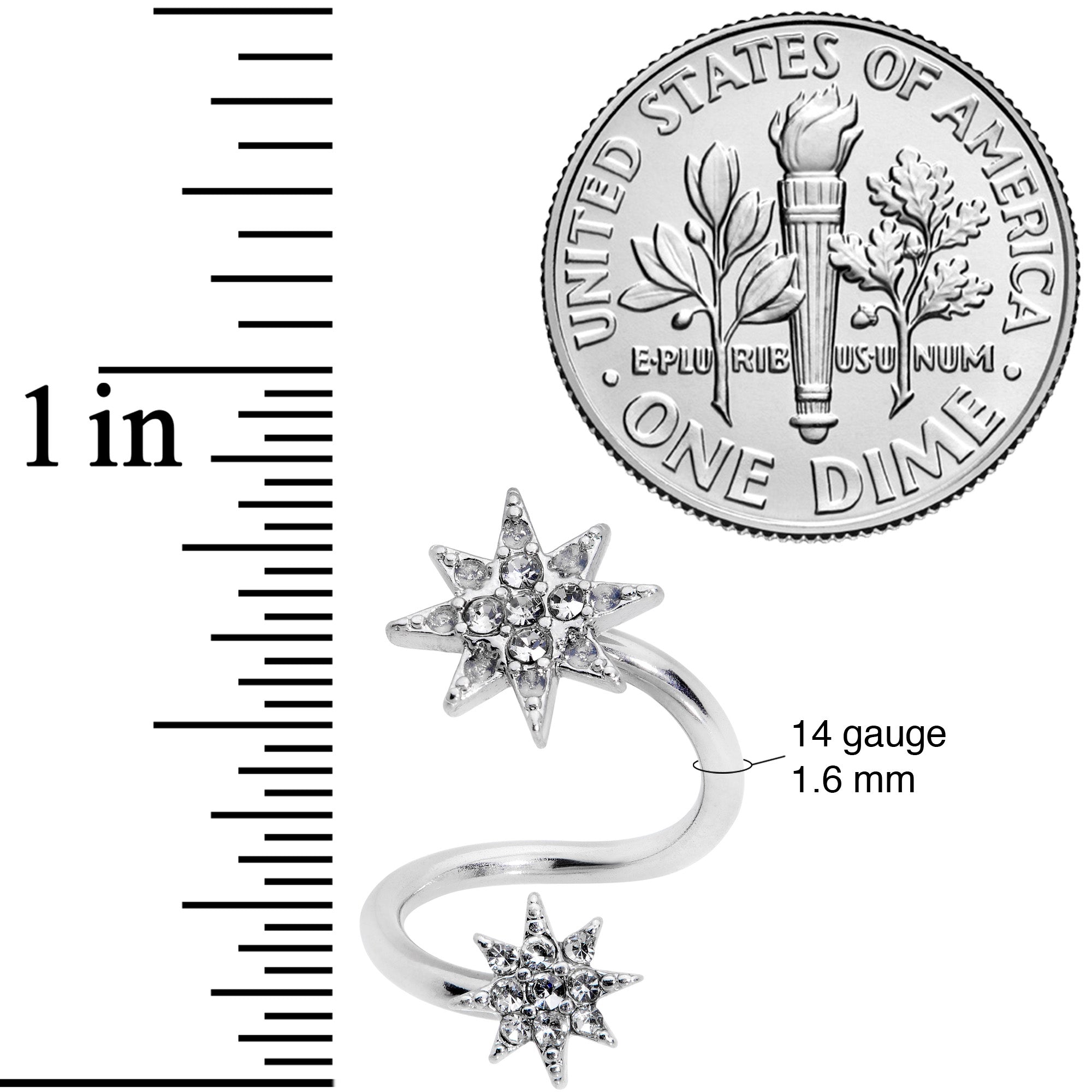 14G 3/8 Clear Gem Double Eight Pointed Star Twister Belly Ring