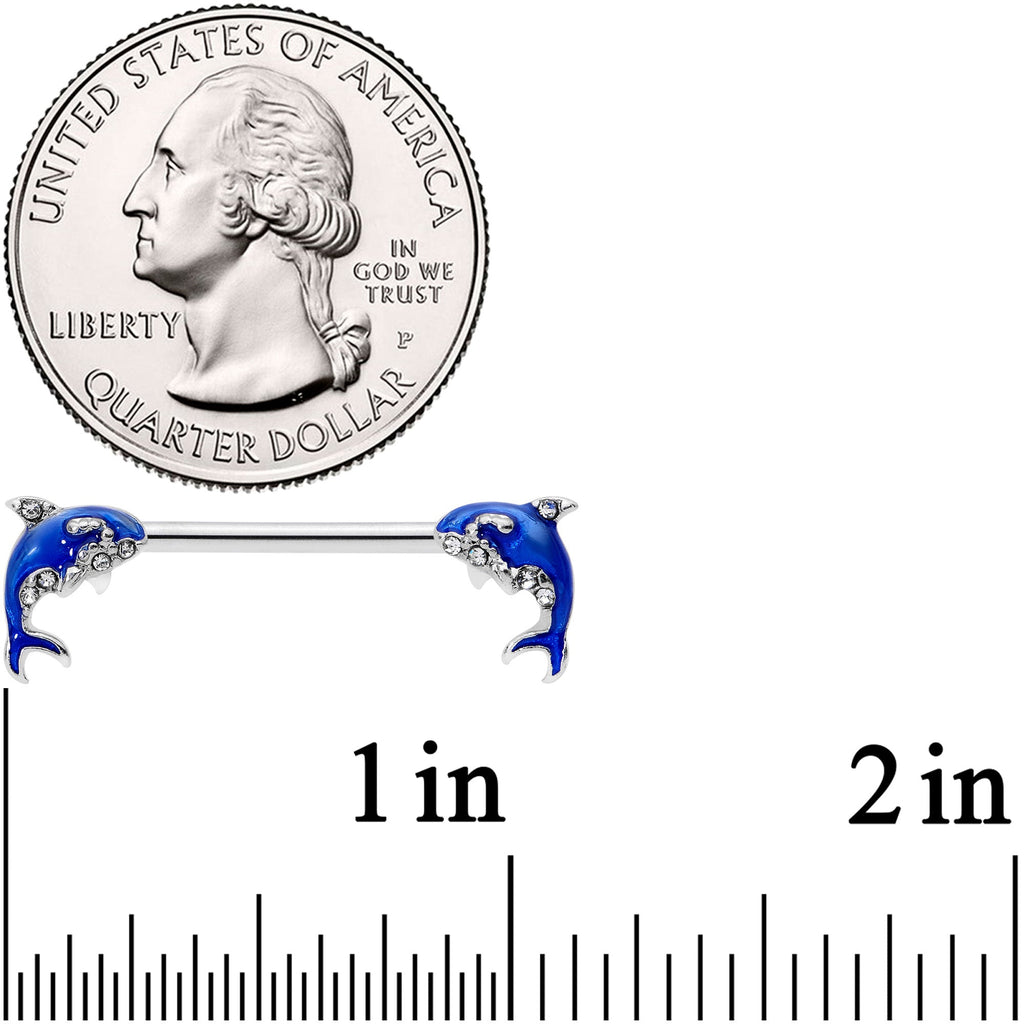 14G 9/16 Clear Gem Sea Blue Orca Whale Barbell Nipple Ring Set