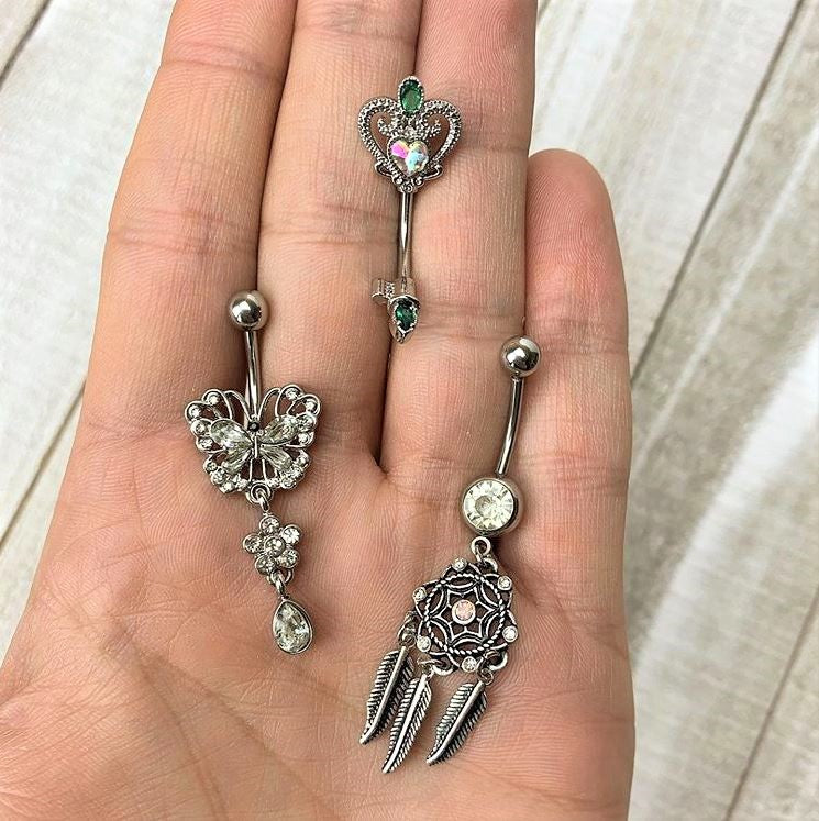 Clear Gem Lacy Butterfly Flower Drop Dangle Belly Ring