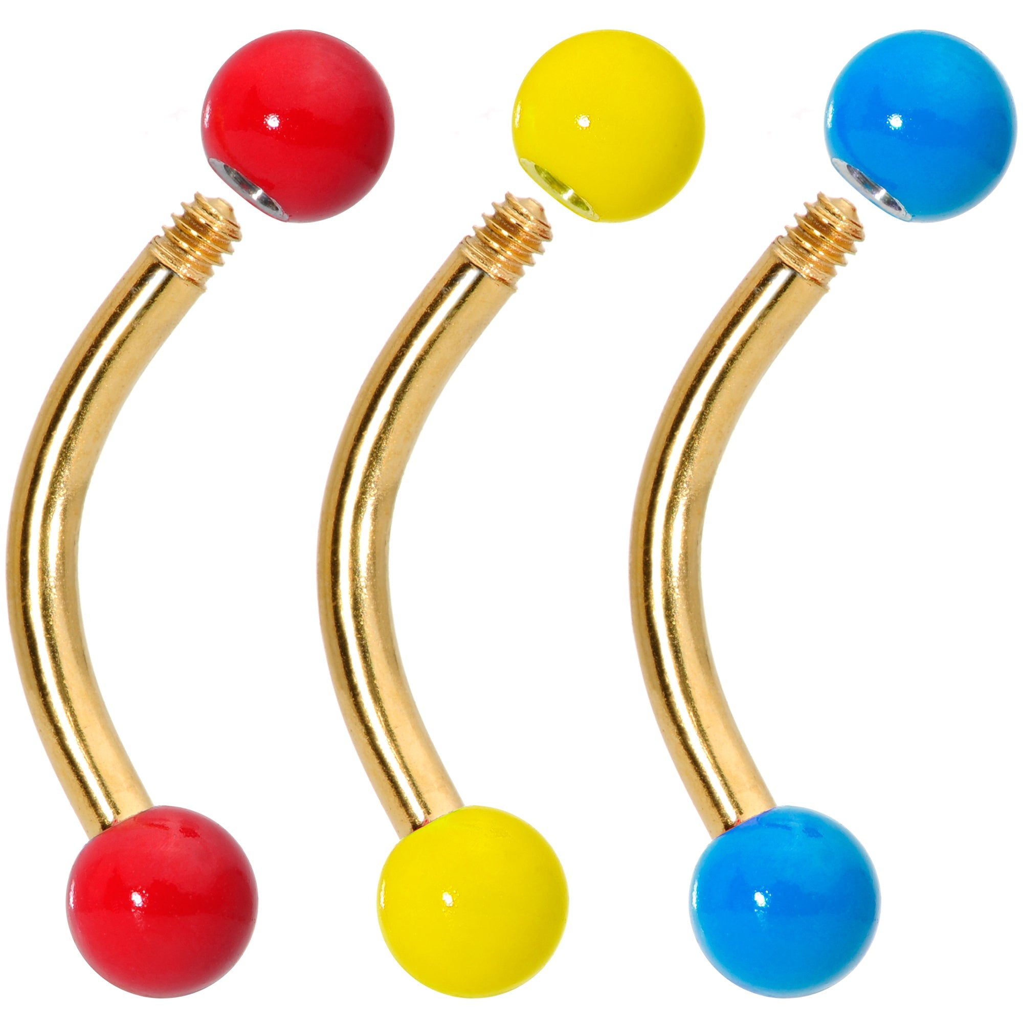 16G 5/16 Red Yellow Blue Glow Gold Tone Curved Barbell Set of 3