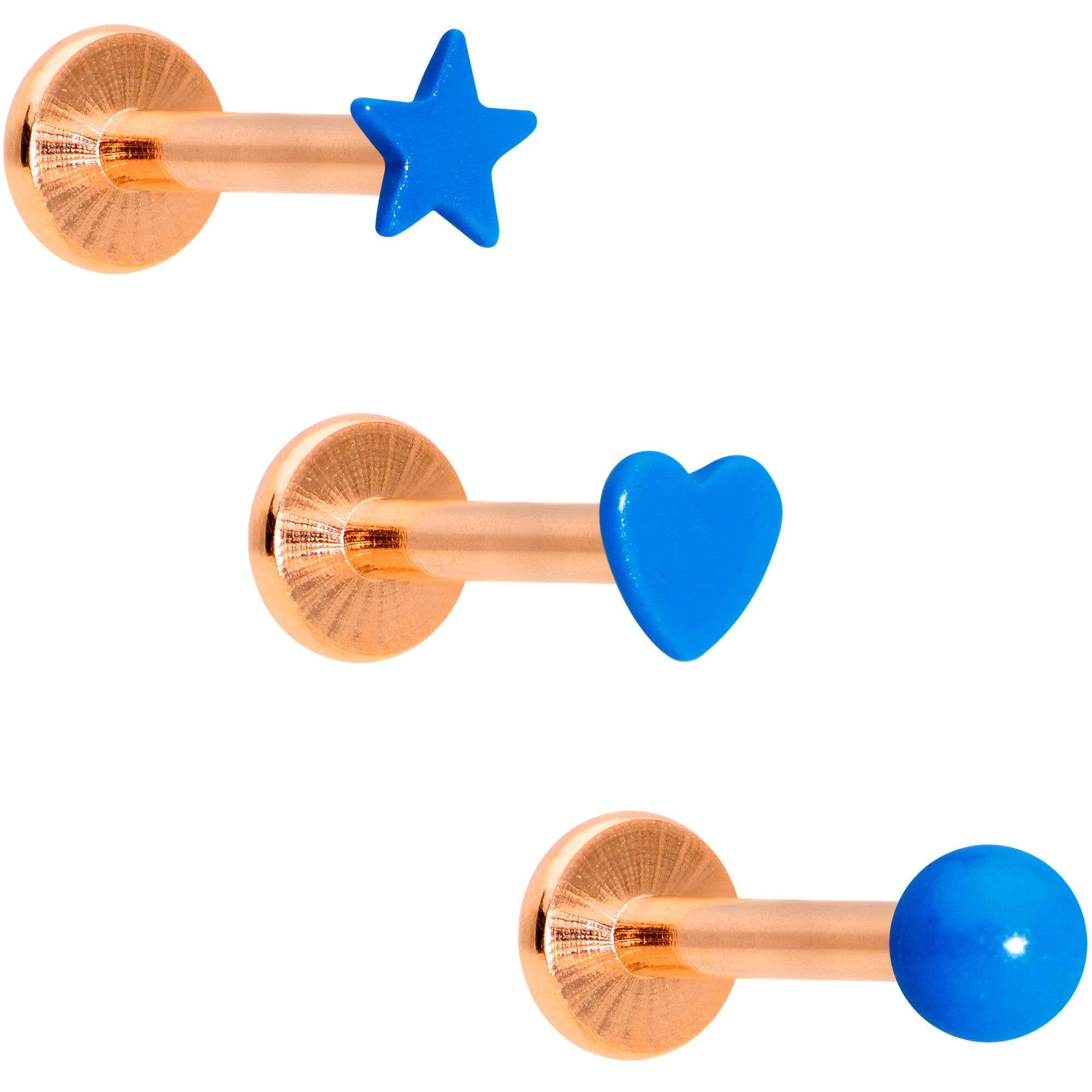 16G 5/16 Rose Gold Tone Blue Glow Star Heart Labret Set of 3