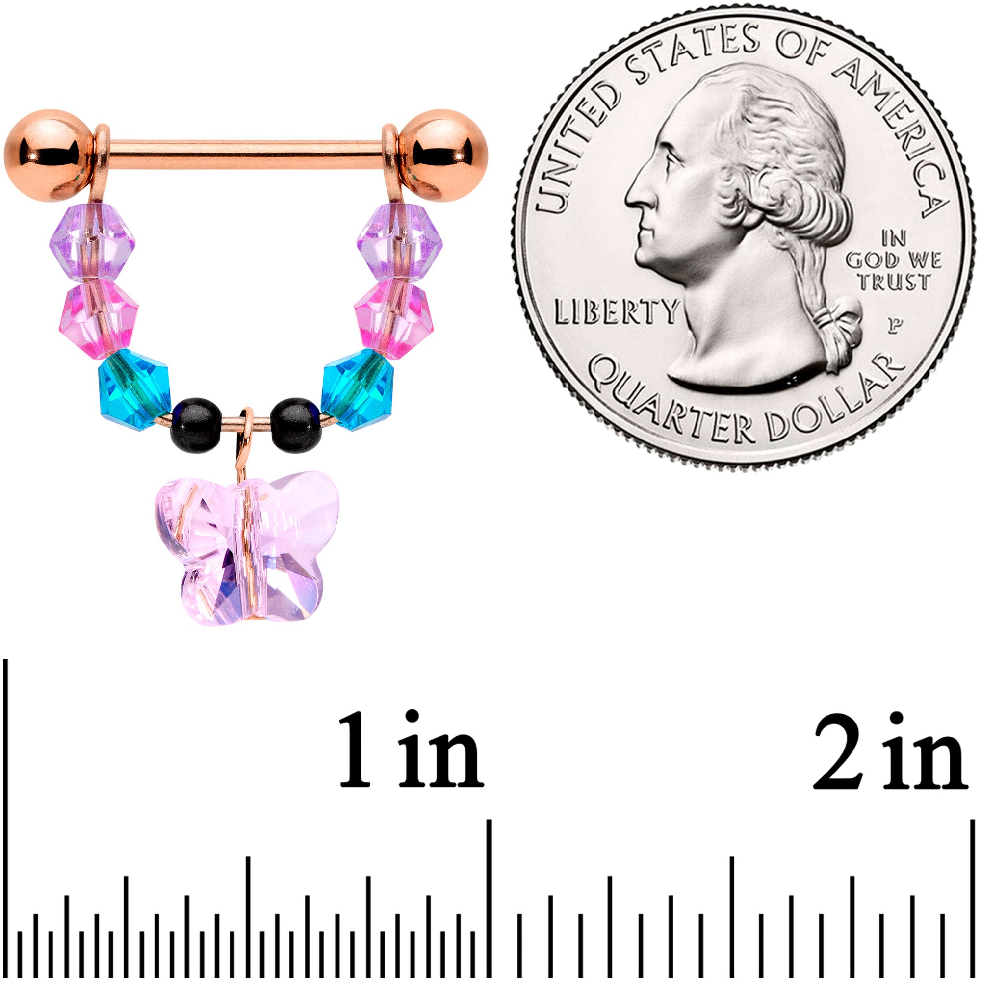 14G Pink Gem Rose Gold Tone Butterfly Dangle Nipple Ring Set
