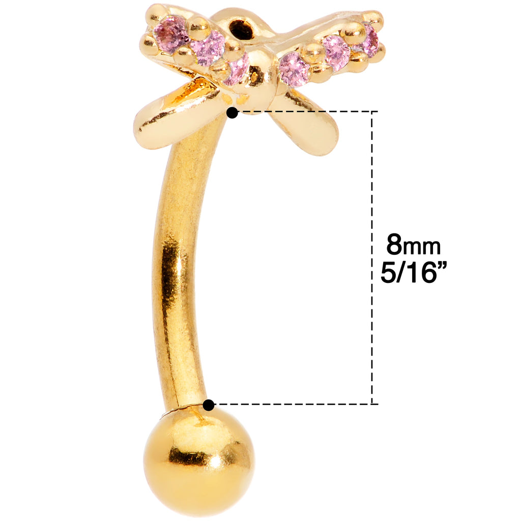 16G 5/16 Pink Gem Gold Tone Ribbon Bow Curved Eyebrow Ring